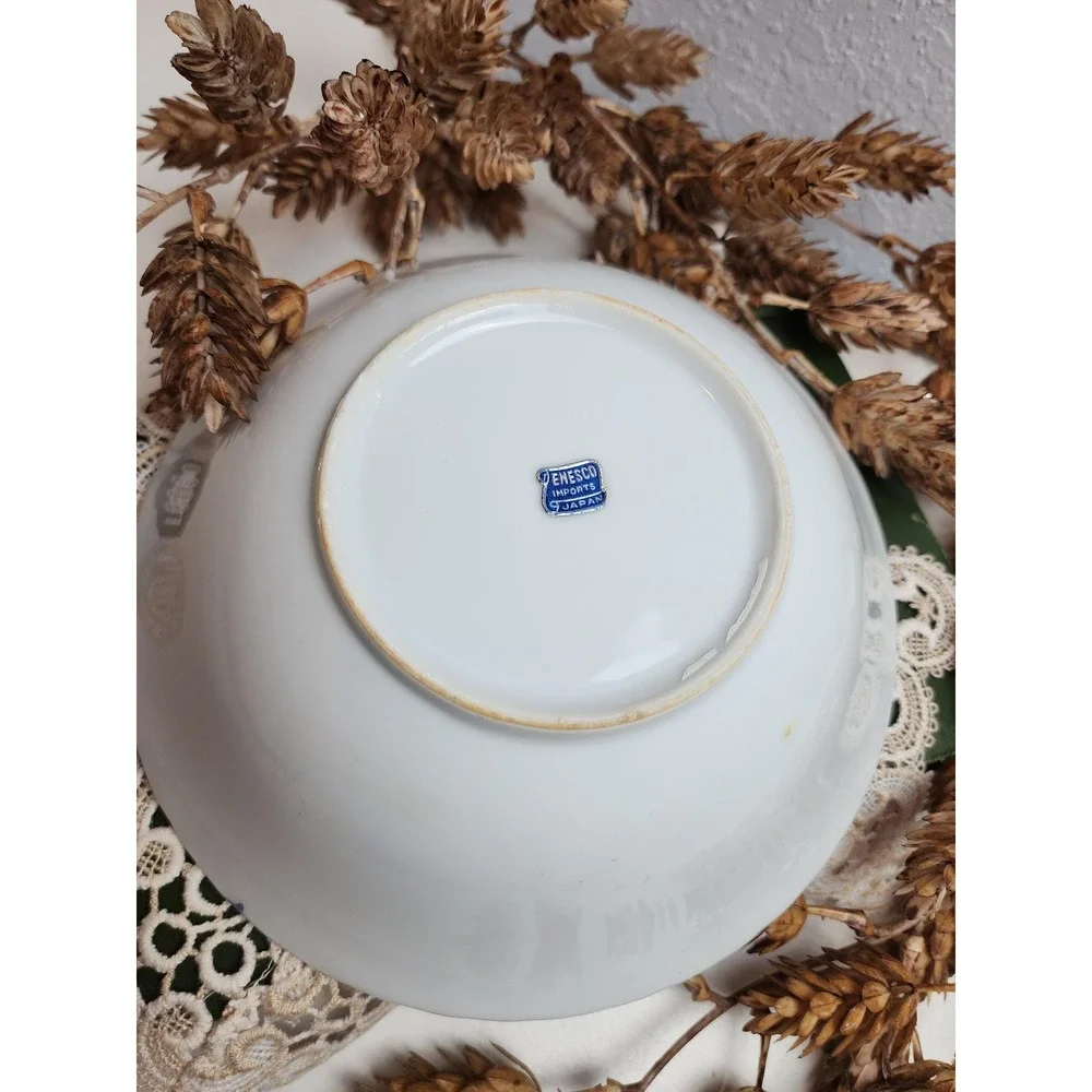 Vintage Enesco Blue & White Stripe Bowl Wheat Iridescent Colorblock Fall Harvest - Picture 4 of 5